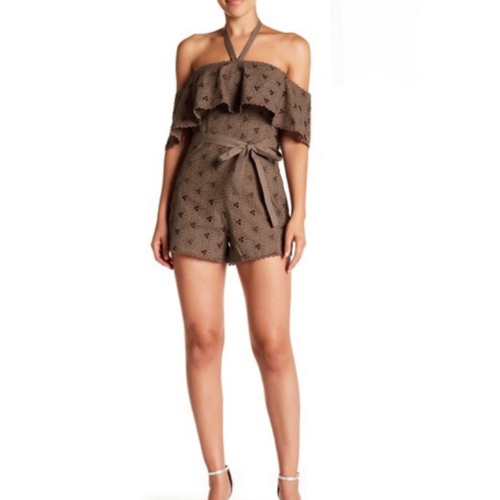 Anthropologie J.O.A. Olive Lace Halter Cold Shoulder Romper Green Brown
